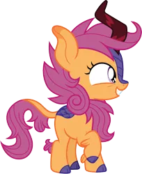 Size: 980x1200 | Tagged: safe, artist:cloudyglow, derpibooru import, scootaloo, kirin, sounds of silence, cloven hooves, colored hooves, cute, cutealoo, female, filly, foal, grin, kirinbetes, kirinified, one hoof raised, raised hoof, simple background, smiling, solo, species swap, standing, transparent background