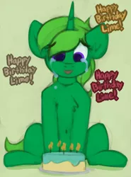 Size: 754x1021 | Tagged: safe, artist:marsminer, derpibooru import, oc, oc:lime dream, unofficial characters only, pony, unicorn, cake, celebrating, celebration, chest fluff, crying, food, happy, happy birthday, offscreen character, solo, tears of joy