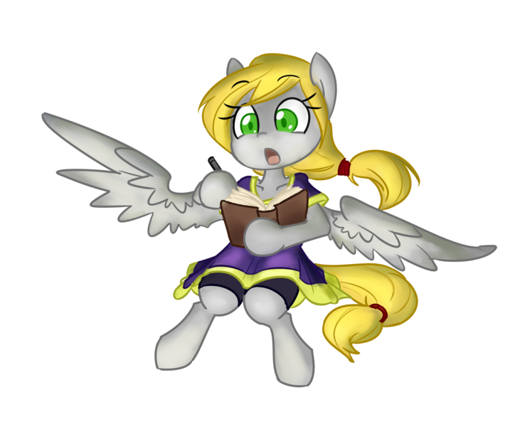 Size: 1609x1321 | Tagged: safe, artist:spheedc, derpibooru import, oc, oc:scarlet sky, unofficial characters only, pegasus, pony, ballpoint pen, book, clothes, digital art, female, mare, ponytail, simple background, solo, traditional art, transparent background, wings, writing