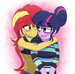 Size: 1914x1879 | Tagged: safe, artist:jase1505, deleted from derpibooru, derpibooru import, sci-twi, sunset shimmer, twilight sparkle, series:sunlight horizons, equestria girls, blushing, clothes, female, glasses, lesbian, scitwishimmer, shipping, smiling, sunsetsparkle, tanktop