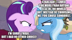 Size: 888x499 | Tagged: background pony strikes again, derpibooru import, drama bait, duo, edit, edited screencap, implied lesbian, implied shipping, implied starburst, implied startrix, implied straight, implied sunburst, jealous, op started shit, op started shit and op is laughing at you, road to friendship, safe, screencap, starlight glimmer, trixie