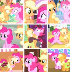 Size: 740x752 | Tagged: applejack, applepie, cute, derpibooru import, editor:lisaloudleijon, female, happy, hug, lesbian, pinkie pie, safe, screencap, shipping