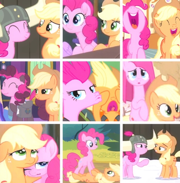 Size: 740x752 | Tagged: safe, derpibooru import, editor:lisaloudleijon, screencap, applejack, pinkie pie, pony, hearthbreakers, magical mystery cure, my little pony: the movie, not asking for trouble, pinkie apple pie, applepie, collage, cropped, duckface, female, helmet, honorary yak horns, horned helmet, implied applepie, implied lesbian, implied shipping, lesbian, mare, pinkamena diane pie, screaming, shipping, swapped cutie marks, viking helmet