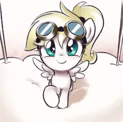 Size: 742x733 | Tagged: safe, artist:pestil, derpibooru import, oc, oc:luftkrieg, unofficial characters only, pegasus, pony, aryan, aryan pony, blonde, blushing, cute, explicit source, female, filly, from above, goggles, looking at you, looking up, looking up at you, luftkriebetes, nazi, nazipone, solo, spread wings, wings