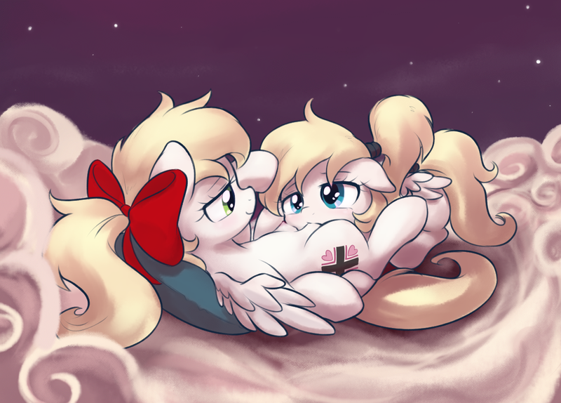 Size: 1153x827 | Tagged: questionable, artist:pestil, derpibooru import, oc, oc:kyrie, oc:luftkrieg, unofficial characters only, pegasus, pony, aryan, aryan pony, blonde, blushing, bow, breastfeeding, cloud, crotchboobs, cute, cutie mark, duo, explicit source, female, females only, luftkriebetes, mare, mother and child, mother and daughter, nazi, nazipone, night, night sky, nipples, nudity, pillow, sky, sky background, suckling