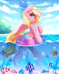 Size: 2665x3369 | Tagged: safe, artist:airiniblock, derpibooru import, oc, oc:bay breeze, unofficial characters only, fish, pegasus, pony, bikini, bow, clothes, commission, cute, female, hair bow, looking at you, mare, ocean, rcf community, smiling, solo, swimsuit, tail bow