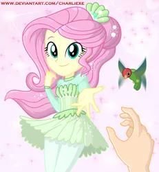 Size: 763x824 | Tagged: safe, artist:charliexe, derpibooru import, fluttershy, bird, hummingbird, equestria girls, equestria girls series, so much more to me, beautiful, clothes, cute, dress, female, hand, looking at you, offscreen character, pink background, pov, shyabetes, simple background, smiling