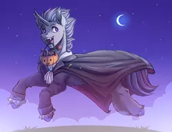 Size: 2113x1632 | Tagged: safe, artist:1an1, derpibooru import, oc, oc:verlo streams, unofficial characters only, pony, unicorn, candy, clothes, costume, crescent moon, cute, dracula, fangs, food, halloween, holiday, male, moon, open mouth, solo, stars, trick or treat