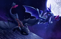 Size: 1500x953 | Tagged: artist:tsitra360, bloodstone scepter, commission, crossover, derpibooru import, dragon, dragoness, dragon lord ember, dreamworks, duo, female, flying, full moon, how to train your dragon, male, moon, night, night fury, princess ember, safe, smiling, speedpaint available, stars, toothless the dragon