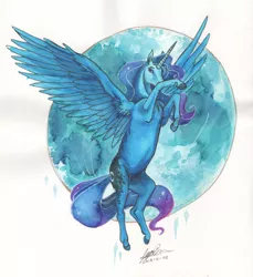 Size: 1024x1117 | Tagged: safe, artist:sagastuff94, derpibooru import, princess luna, alicorn, pony, ethereal mane, female, flying, hoers, mare, moon, realistic anatomy, realistic horse legs, solo, spread wings, starry mane, traditional art, watercolor painting, wings