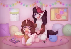 Size: 3382x2320 | Tagged: safe, artist:adostume, derpibooru import, oc, oc:adostume, oc:heinrich hirsch, unofficial characters only, pony, unicorn, my little pony: the movie, broken horn, brush, candy, clothes, cute, female, food, glasses, hairbrush, heterochromia, horn, magazine, magazine cover, magic, mare, music, music notes, pillow, popcorn, rule 63, socks, stockings, thigh highs, tongue out