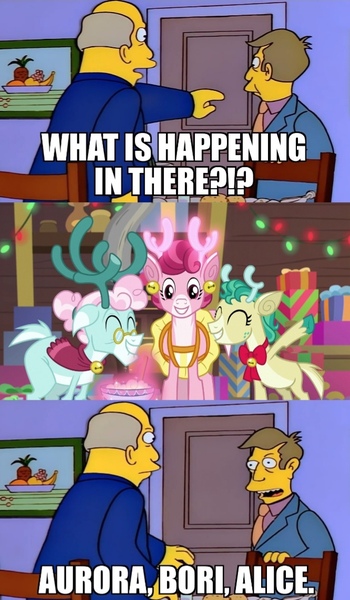 Size: 666x1142 | Tagged: 22 short films about springfield, alice the reindeer, aurora borealis, aurora the reindeer, best gift ever, bori the reindeer, crossover, deer, derpibooru import, door, edit, edited screencap, principal skinner, reindeer, safe, screencap, steamed hams, superintendent chalmers, table, the gift givers, the simpsons