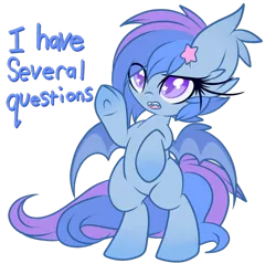 Size: 1280x1269 | Tagged: safe, artist:starlightlore, derpibooru import, oc, oc:astral flare, unofficial characters only, bat pony, pony, bat pony oc, bat wings, bipedal, cute, i have several questions, jontron, ocbetes, question, question mark, simple background, solo, speech, starry eyes, talking, transparent background, underhoof, wingding eyes, wings