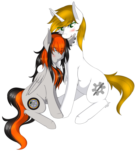 Size: 3936x4436 | Tagged: safe, artist:cannoncar, derpibooru import, oc, oc:cannon car, oc:pr, pegasus, pony, unicorn, biting, blushing, ear bite, female, male, mare, prannon, simple background, smiling, stallion, straight, transparent background