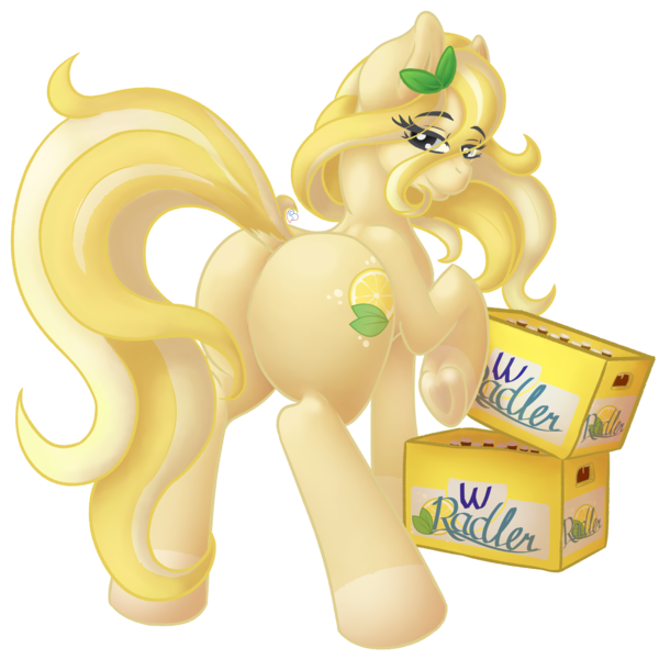 Size: 4300x4300 | Tagged: safe, artist:loviebeest, derpibooru import, oc, oc:radler, unofficial characters only, earth pony, pony, absurd resolution, alcohol, beer, butt, female, looking at you, looking back, looking back at you, mare, plot, radler, simple background, solo, transparent background