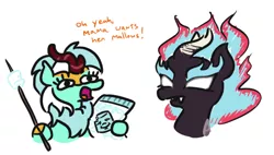 Size: 570x324 | Tagged: safe, artist:jargon scott, derpibooru import, bon bon, lyra heartstrings, sweetie drops, kirin, nirik, bon bon is not amused, bust, dialogue, female, food, homestar runner, hoof hold, kirinified, l.u.l.s., marshie, marshmallow, mundane utility, simple background, species swap, stick, this will end in fire, unamused, walking campfire, white background