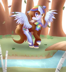 Size: 3507x3834 | Tagged: safe, artist:bam-bean-itzevil, derpibooru import, oc, oc:art wing, unofficial characters only, pony, autumn, autumn leaves, breath, leaf, old art, river, solo, tree