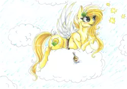 Size: 2326x1624 | Tagged: safe, artist:neobubbles, derpibooru import, oc, oc:radler, unofficial characters only, earth pony, pony, alcohol, beer, bottle, cloud, cutie mark, fake wings, female, radler, traditional art