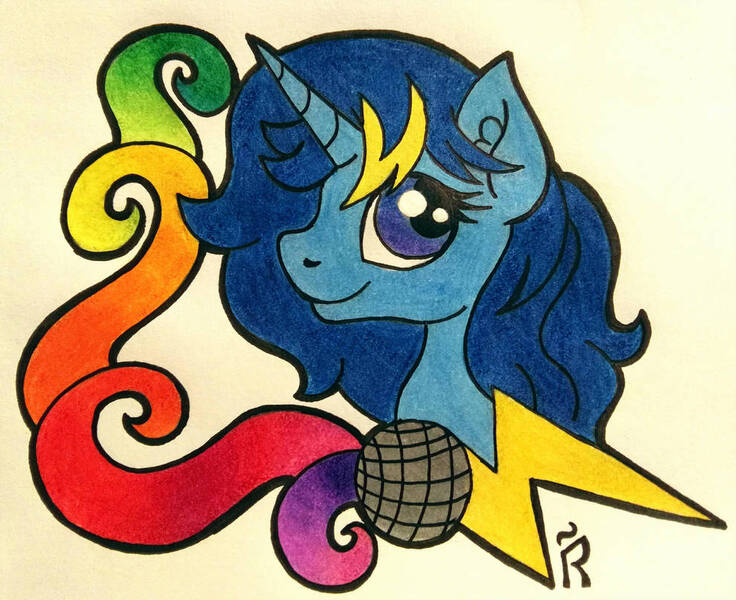 Size: 990x807 | Tagged: safe, artist:dawn-designs-art, derpibooru import, oc, oc:electro swing, pony, unicorn, abstract art, blue coat, blue eyes, blue mane, bust, female, mare, modern art, portrait, rainbows, solo, traditional art