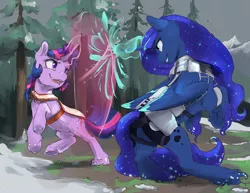 Size: 1280x989 | Tagged: safe, artist:silfoe, derpibooru import, princess luna, twilight sparkle, alicorn, pony, unicorn, nomad au, alternate universe, armor, clothes, duo, ethereal fetlocks, ethereal mane, female, glowing horn, horn, looking at each other, magic, mare, royal multiverse, sparring, starry mane, unicorn twilight, unshorn fetlocks