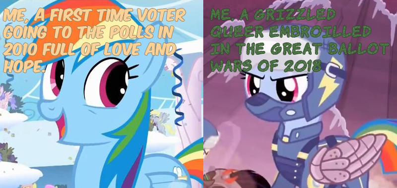 Size: 832x395 | Tagged: safe, derpibooru import, edit, edited screencap, screencap, rainbow dash, pegasus, pony, 2018 usa midterm elections, alternate timeline, caption, crystal war timeline, female, image macro, lgbt, mare, meme, politics, q slur, queer, reclaimed slur, slur, solo, text, voting