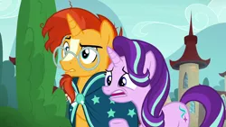 Size: 1280x720 | Tagged: safe, derpibooru import, screencap, starlight glimmer, sunburst, pony, unicorn, the parent map, duo, female, male, mare, open mouth, raised hoof, stallion