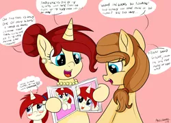 Size: 3297x2363 | Tagged: safe, artist:an-tonio, derpibooru import, oc, oc:cream heart, oc:golden brooch, oc:silver draw, unofficial characters only, earth pony, pony, unicorn, album, baby, baby pictures, baby pony, blushing, dialogue, embarrassed, female, mare, mother, mothers gonna mother, open mouth, pacifier, photo album, pink background, simple background, smiling, speech bubble, tongue out, wavy mouth