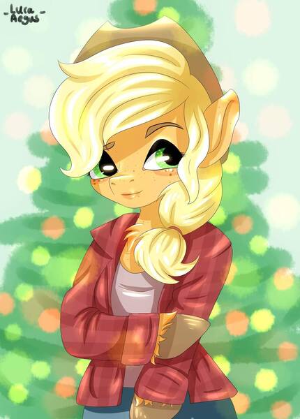 Size: 1280x1786 | Tagged: safe, artist:lucaaegus, derpibooru import, applejack, anthro, earth pony, christmas, christmas tree, clothes, female, flannel, freckles, holiday, hoof hands, jacket, mare, smiling, tree