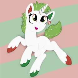 Size: 2100x2100 | Tagged: safe, artist:sjart117, derpibooru import, oc, oc:unicorn candy cane, ponified, unofficial characters only, pony, unicorn, christmas, colored hooves, ear fluff, ear tag, female, festive, green mane, holiday, mare, multicolored eyes, plushie, smiling, solo, tinsel, toy, toy interpretation, ty, unshorn fetlocks, white coat, white fur