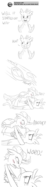 Size: 1175x4495 | Tagged: safe, artist:sintakhra, derpibooru import, gallus, ocellus, changedling, changeling, gryphon, tumblr:studentsix, angry, anonymous, ask, blushing, boop, comic, fangs, female, magic, male, monochrome, noodle incident, noseboop, post-it, pounce, question, scared, simple background, story included, sweat, tackle, tumblr, white background, whoosh