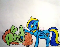 Size: 1224x964 | Tagged: safe, artist:superdavid2011, derpibooru import, oc, oc:davy, oc:mint chocolate, pegasus, pony, female, laughing, male, mare, smiling, stallion, tickling, traditional art