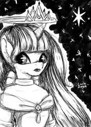 Size: 1280x1786 | Tagged: alicorn, anthro, artist:lucaaegus, black and white, crown, derpibooru import, grayscale, jewelry, monochrome, princess, regalia, safe, sketch, solo, stars, twilight (astronomy), twilight sparkle, twilight sparkle (alicorn)