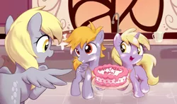 Size: 1445x851 | Tagged: safe, artist:pestil, derpibooru import, crackle pop, derpy hooves, dinky hooves, pegasus, pony, unicorn, apron, bowl, brother and sister, cake, clothes, colt, cracklebetes, cute, dinkabetes, equestria's best daughter, equestria's best family, equestria's best mother, equestria's best son, family, female, filly, flour, food, hooves family, kitchen, male, mare, measuring cup, mother and child, mother and daughter, mother and son, siblings
