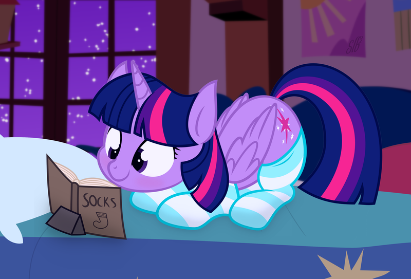 Size: 3786x2571 | Tagged: safe, artist:pucksterv, artist:slb94, derpibooru import, twilight sparkle, twilight sparkle (alicorn), alicorn, pony, adorkable, bed, book, clothes, cute, dork, female, mare, prone, reading, socks, solo, striped socks, that pony sure does love books, twiabetes