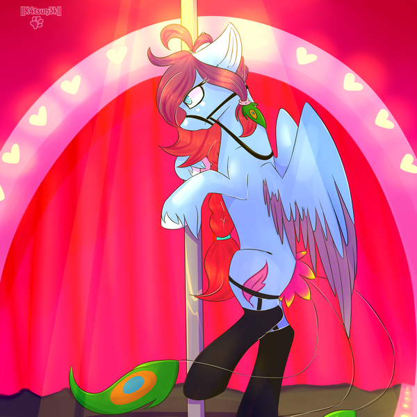 Size: 2000x2000 | Tagged: suggestive, artist:sarumoshito, derpibooru import, oc, oc:plume, unofficial characters only, bird, bird pone, peacock, pegasus, pony, blue coat, female, mare, mint eyes, solo