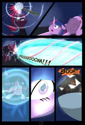Size: 4750x7000 | Tagged: absurd resolution, alicorn, alternate hairstyle, alternate timeline, alternate universe, artist:chedx, bad end, blast, boom, castle, comic, comic:the storm kingdom, crystal, derpibooru import, explosion, eye scar, female, general tempest shadow, glowing horn, glowing scar, horn, mare, my little pony: the movie, parallel universe, safe, scar, tempest shadow, the bad guy wins, twilight sparkle, twilight sparkle (alicorn)