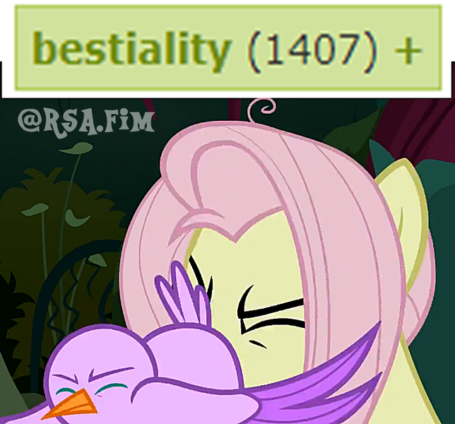 Size: 734x684 | Tagged: suggestive, artist:rsa.fim, derpibooru import, edit, edited screencap, screencap, mean fluttershy, bird, pony, derpibooru, the mean 6, clone, dank memes, exploitable meme, faceful of ass, implied analingus, implied bestiality, implied oral, implied sex, meme, meta, out of context, tags