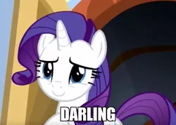 Size: 850x604 | Tagged: safe, derpibooru import, edit, edited screencap, screencap, rarity, friendship university, caption, cropped, cute, darling, image macro, impact font, meme, solo, text