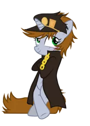 Size: 4926x6824 | Tagged: safe, artist:aborrozakale, derpibooru import, oc, oc:littlepip, unofficial characters only, pony, unicorn, fallout equestria, fanfic, absurd resolution, bipedal, bipedal leaning, cap, clothes, coat, fanfic art, female, hat, hooves, horn, jojo's bizarre adventure, jotaro kujo, leaning, mare, scar, simple background, smiling, solo, transparent background, vector