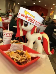 Size: 1536x2048 | Tagged: derpibooru import, food, hat, in-n-out, oc, oc:poniko, photographer:lyokotravels, plushie, restaurant, safe