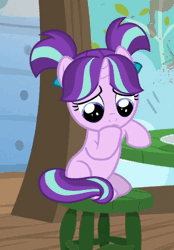 Size: 420x605 | Tagged: safe, derpibooru import, screencap, starlight glimmer, pony, unicorn, the crystalling, animated, cropped, cute, female, filly, filly starlight glimmer, frown, gif, glimmy, pigtails, sad, sitting, solo, younger