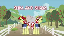 Size: 1280x720 | Tagged: artist needed, safe, derpibooru import, flam, flim, pony, unicorn, apple, apple tree, duo, duo female, female, flim flam brothers, mare, obtrusive watermark, rule 63, sham, shim, shim sham sisters, siblings, sisters, tree, twin sisters, twins, watermark