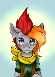 Size: 1182x1639 | Tagged: safe, artist:zira, derpibooru import, oc, oc:grai, unofficial characters only, pony, camp camp, clothes, crossover, grey skin, male, orange hair, purple eyes, red hair, uniform