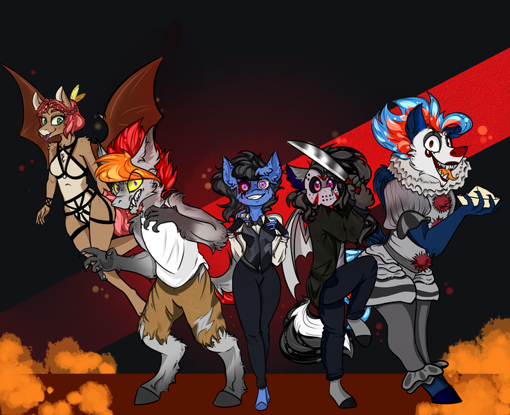 Size: 3623x2946 | Tagged: safe, artist:zira, derpibooru import, oc, oc:black the dragon, oc:grai, oc:zira, unofficial characters only, pony, bdsm, black hair, blue skin, clothes, eddie gluskin, grey skin, halloween, holiday, it, jason, male, ocs everywhere, orange hair, outlast, outlast: whistleblower, pennywise, purple eyes, red hair, uniform