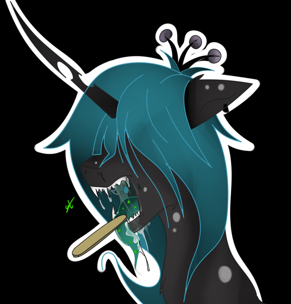 Size: 1197x1249 | Tagged: safe, artist:groomlake, derpibooru import, queen chrysalis, changeling, changeling queen, pony, black background, doctor, drool, drool string, fangs, female, hair over eyes, jewelry, open mouth, piercing, regalia, simple background, solo, spots, tongue depressor, tongue out