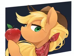 Size: 2048x1536 | Tagged: safe, artist:30clock, derpibooru import, applejack, earth pony, pony, abstract background, apple, bandana, bust, cowboy hat, female, food, hat, looking at you, mare, portrait, solo, that pony sure does love apples