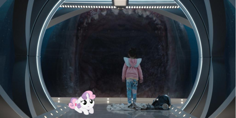 Size: 1587x793 | Tagged: semi-grimdark, artist:jawsandgumballfan24, derpibooru import, sweetie belle, fish, human, megalodon, pony, shark, unicorn, female, filly, irl, irl human, meg, photo, scared, shark teeth, the meg, this will end in death, this will end in tears, this will end in tears and/or death, this will not end well