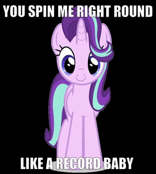 Size: 895x996 | Tagged: safe, derpibooru import, edit, edited edit, starlight glimmer, pony, unicorn, caption, cute, dead or alive (band), female, glimmerbetes, image macro, joke, mare, meme, simple background, smiling, solo, song reference, text, text edit, transparent background, you spin me right round