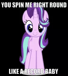 Size: 895x996 | Tagged: safe, derpibooru import, edit, edited edit, starlight glimmer, pony, unicorn, caption, cute, dead or alive (band), female, glimmerbetes, image macro, joke, mare, meme, simple background, smiling, solo, song reference, text, text edit, transparent background, you spin me right round