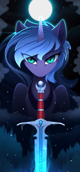 Size: 1125x2410 | Tagged: safe, artist:yakovlev-vad, derpibooru import, princess luna, alicorn, pony, art pack:equestrian royalty, female, frown, glare, ice, lidded eyes, looking at you, mare, moon, night, nightmare luna, s1 luna, sitting, sky, slit eyes, snow, solo, stars, sword, warrior luna, weapon